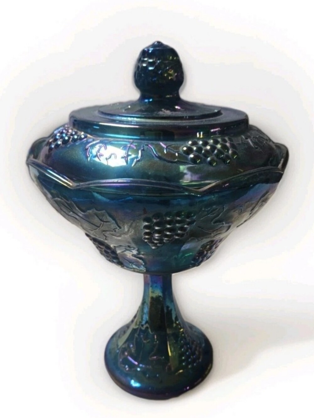 Vintage Blue Carnival Glass Pedestal Candy Dish With Lid Harvest Grape 11”
